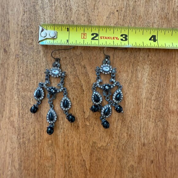 Fun Faux Rhinestone & Black Silver-Tone Dangly Floral Teardrop Earrings - Picture 3 of 8